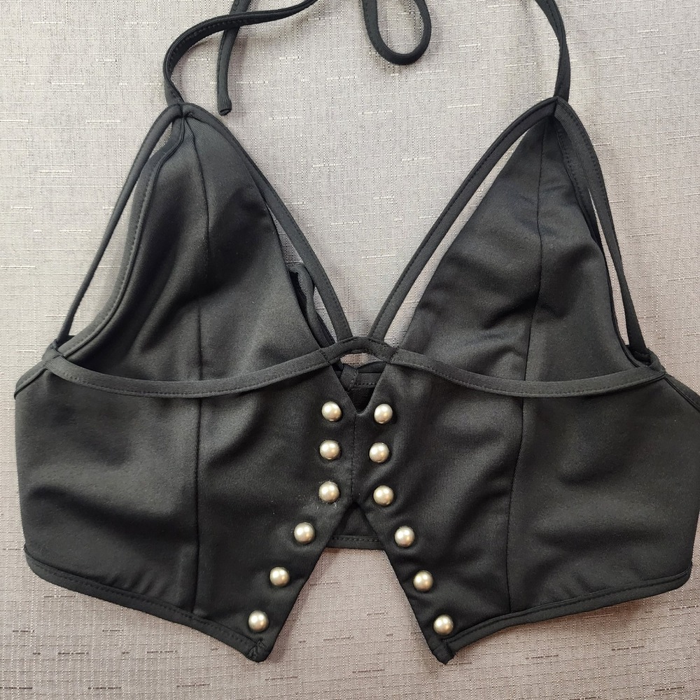I Am Gia Studded Halter Cropped Top Black Festival Edgy Strap Detail Small